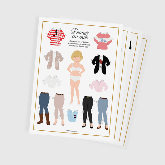 Pack de recortables de la princesa Diana donde se observa una ilustración de ella en el centro y varios pantalones y jerseys.