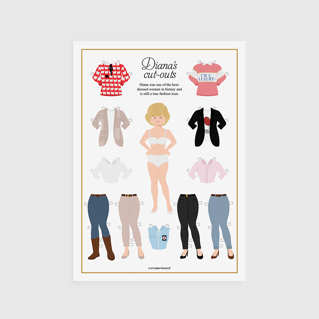 Pack de recortables de la princesa Diana donde se observa una hoja con una ilustración de ella en el centro y varios pantalones y jerseys.