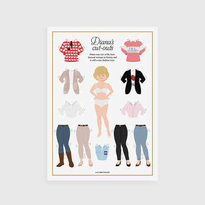 Pack de recortables de la princesa Diana donde se observa una hoja con una ilustración de ella en el centro y varios pantalones y jerseys.