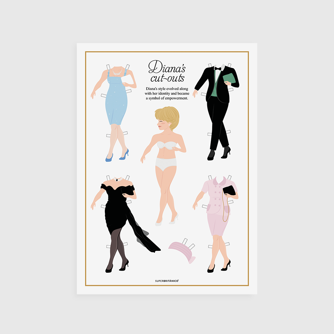 Última hoja del pack de recortables de la princesa Diana donde se observa una ilustración de ella en el centro y varios vestidos elegantes como el vestido de la venganza.