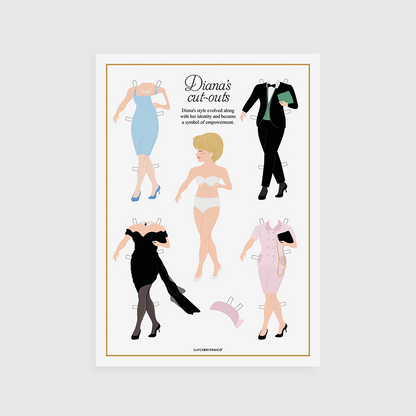 Última hoja del pack de recortables de la princesa Diana donde se observa una ilustración de ella en el centro y varios vestidos elegantes como el vestido de la venganza.