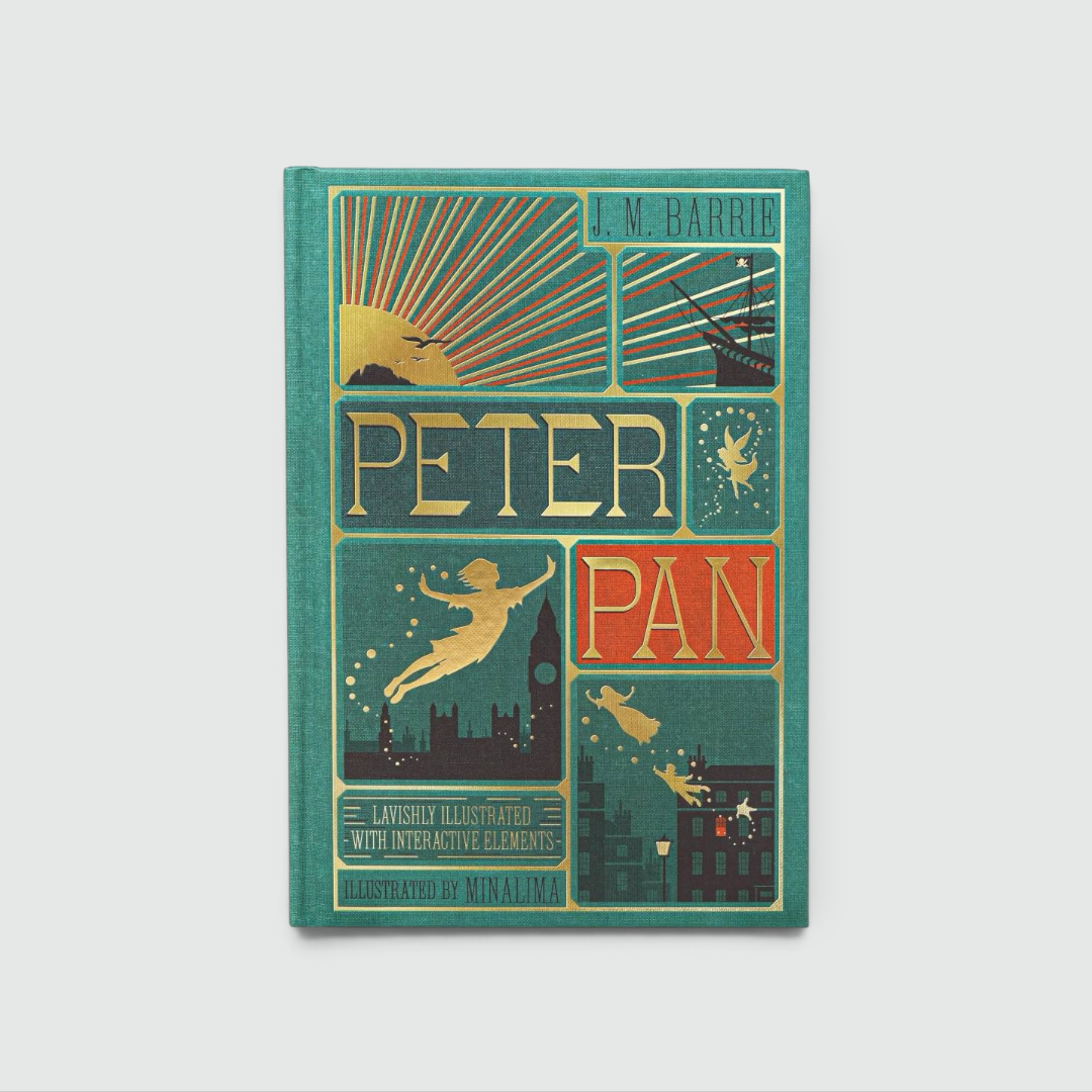 Portada de Peter Pan de J. M. Barrie, edición ilustrada por MinaLima en verde azulado y dorado con siluetas sobre Londres.
