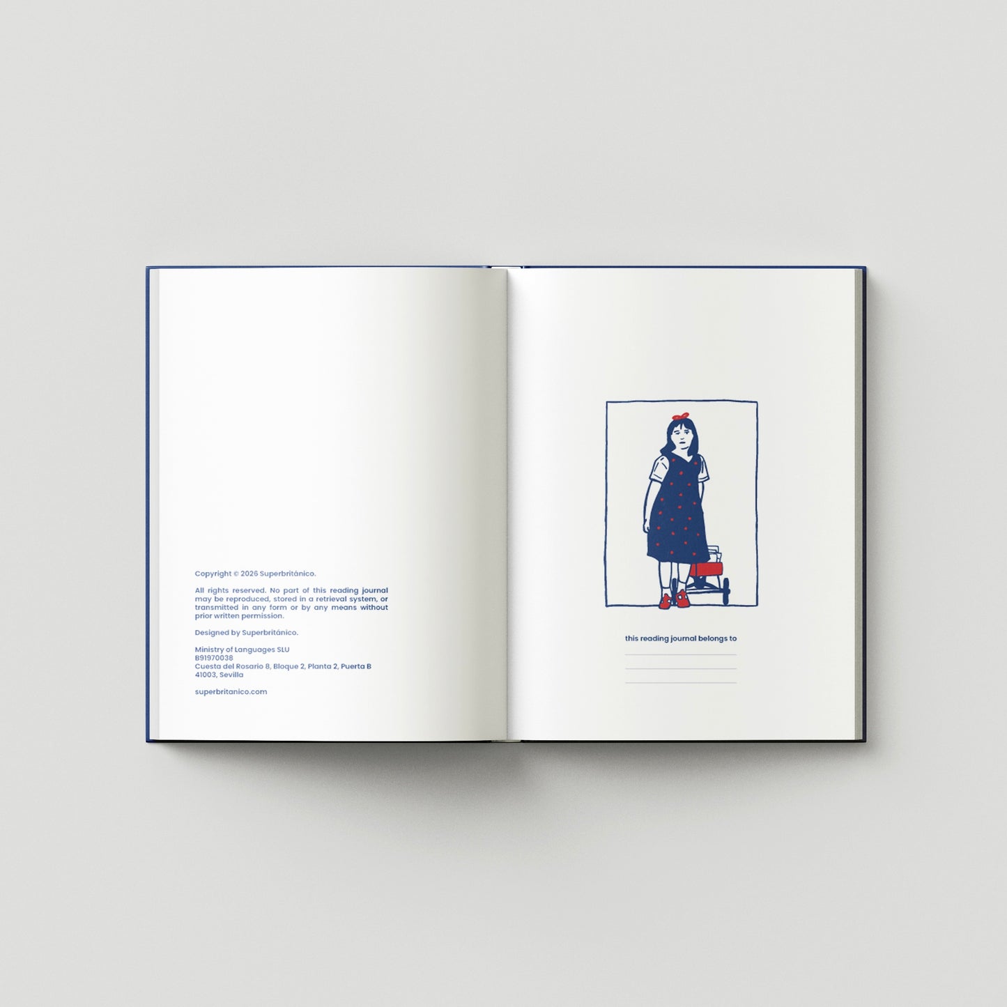 Primeras páginas del Reading Journal abiertas, con una ilustración de Matilda y espacio para escribir el nombre del propietario.