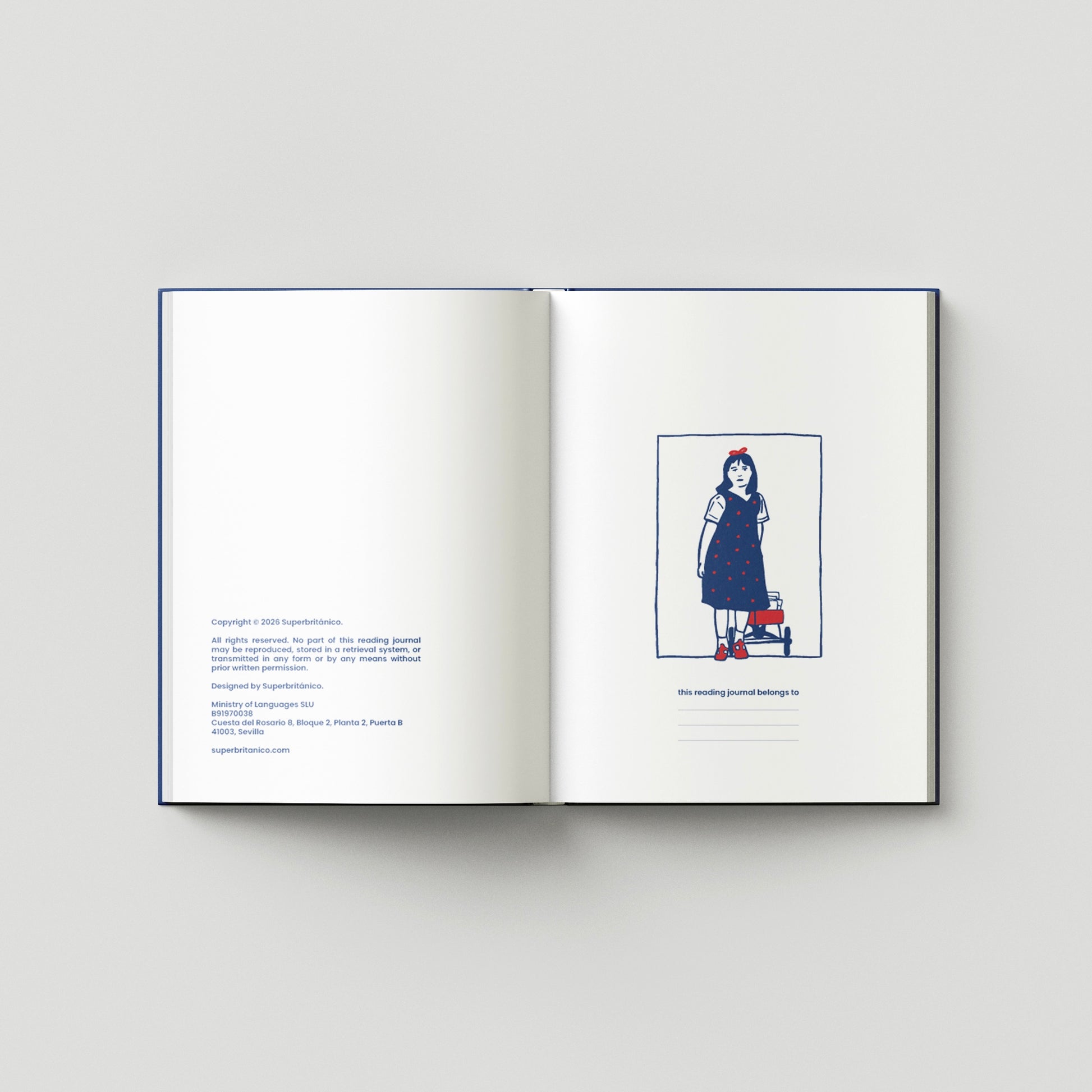 Primeras páginas del Reading Journal abiertas, con una ilustración de Matilda y espacio para escribir el nombre del propietario.