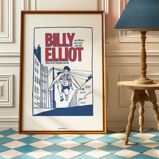 Póster con ilustración inspirada en el cartel de la película Billy Elliot. En él aparece un chico saltando con unas zapatillas de ballet colgadas al cuello. Predomina el color azul, en contraste con el título en rojo.
