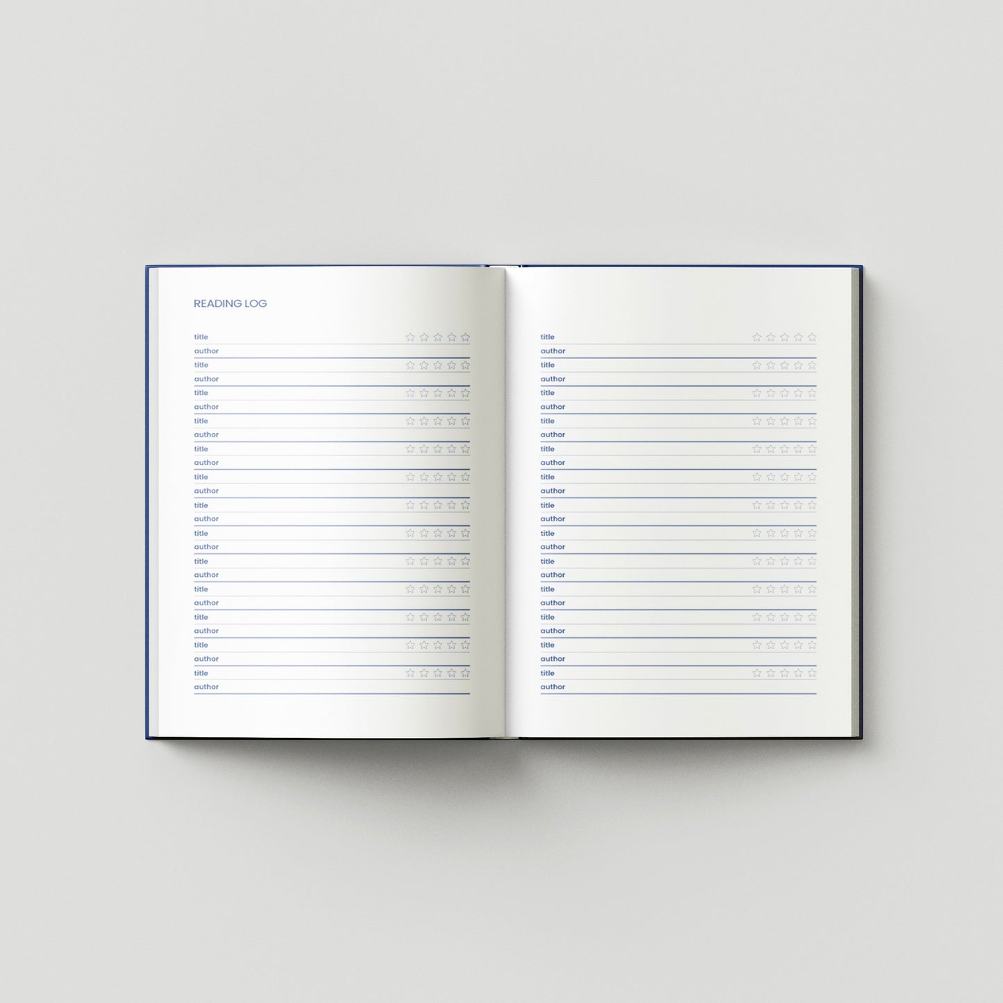 Doble página interior con un reading log para anotar títulos, autores y valoración de los libros leídos.