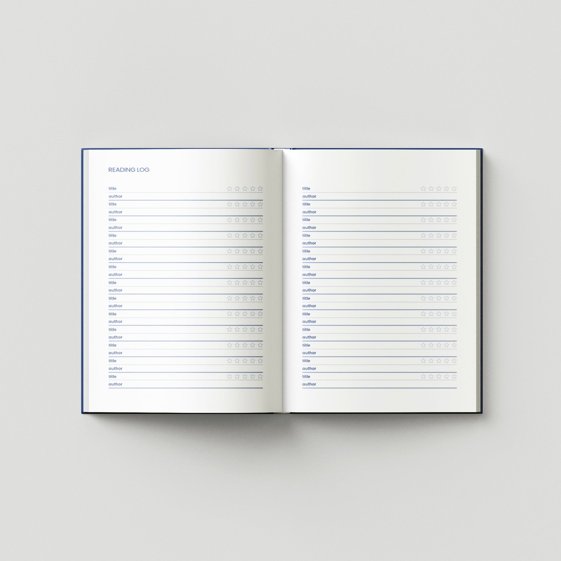 Doble página interior con un reading log para anotar títulos, autores y valoración de los libros leídos.
