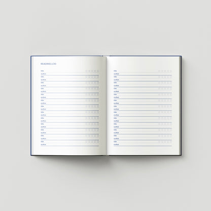 Doble página interior con un reading log para anotar títulos, autores y valoración de los libros leídos.