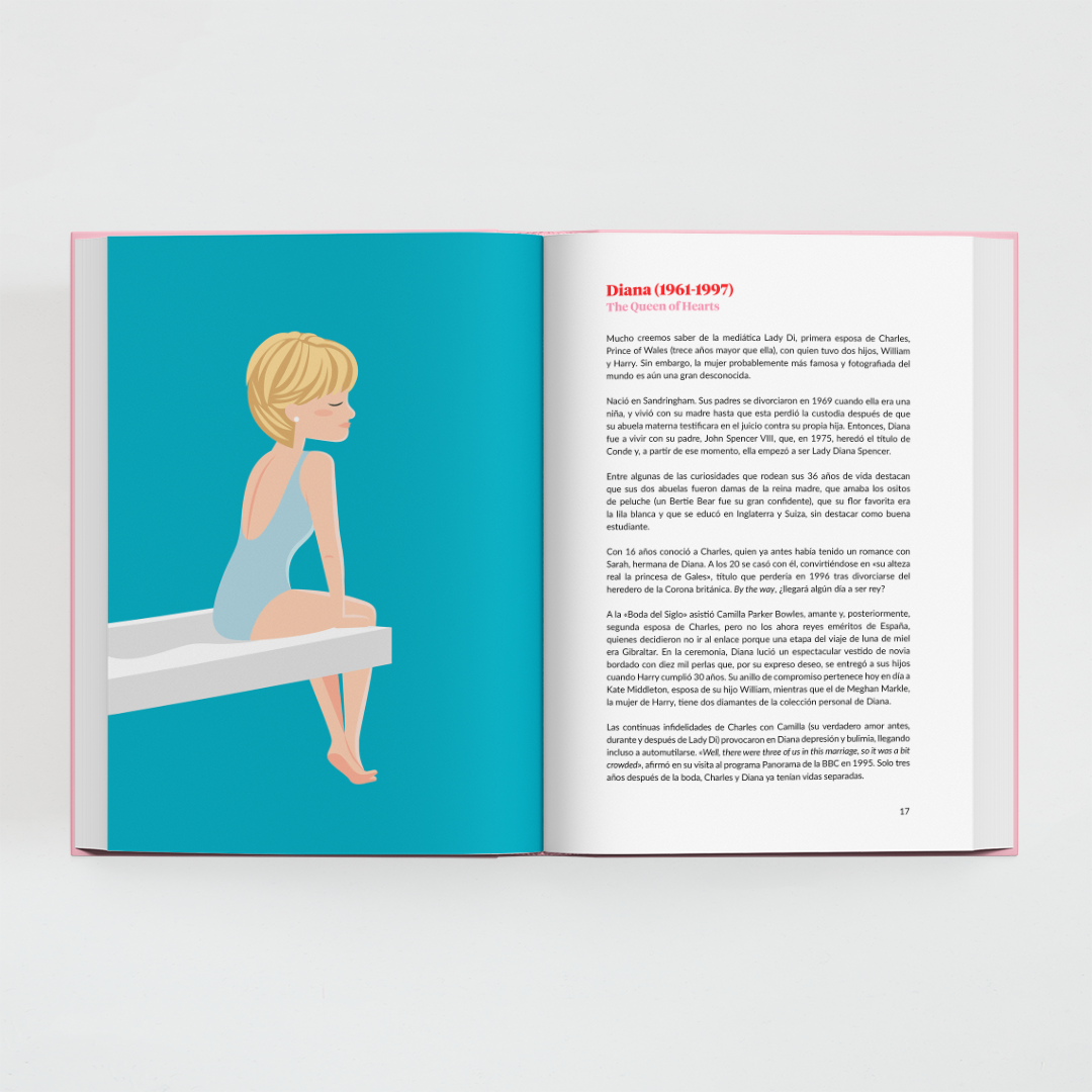 Interior del libro Reinas Unidas de Superbritánico con doble página dedicada a la princesa Diana con ilustración y texto.