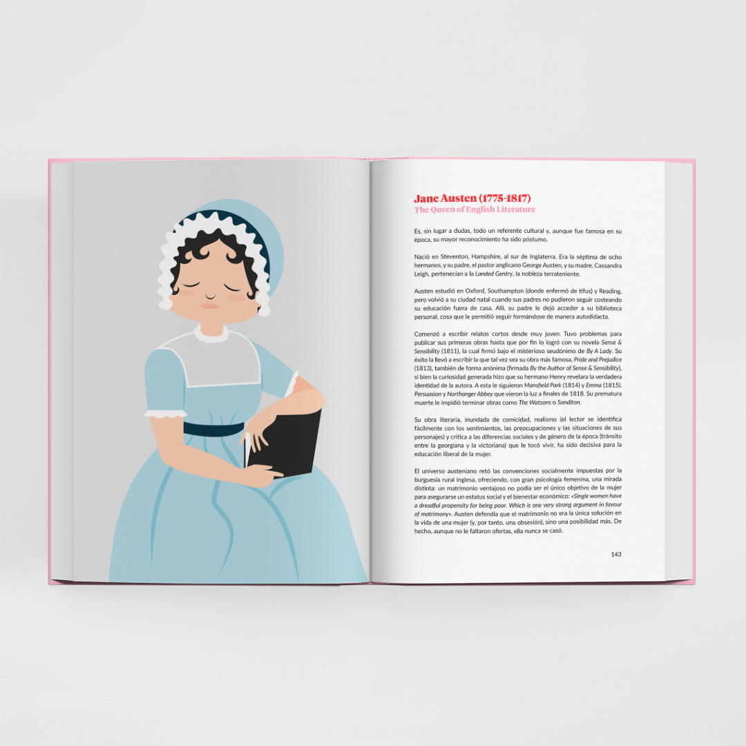 Interior del libro Reinas Unidas de Superbritánico con doble página dedicada a la escritora Jane Austen con ilustración y texto.