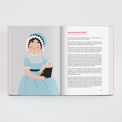 Interior del libro Reinas Unidas de Superbritánico con doble página dedicada a la escritora Jane Austen con ilustración y texto.