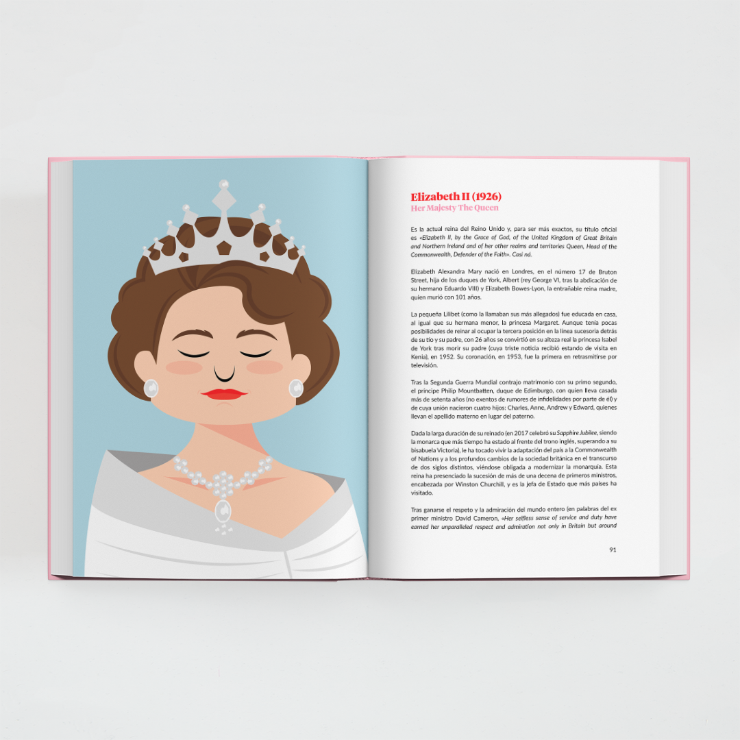 Interior del libro Reinas Unidas de Superbritánico con doble página dedicada a la Reina Elizabeth II con ilustración y texto.