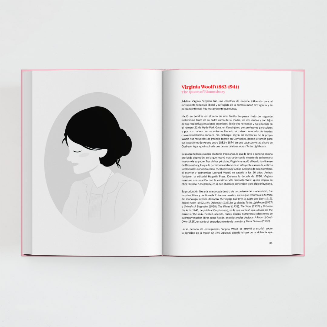 Interior del libro Reinas Unidas de Superbritánico con doble página dedicada a la escritora Virginia Woolf con ilustración y texto.