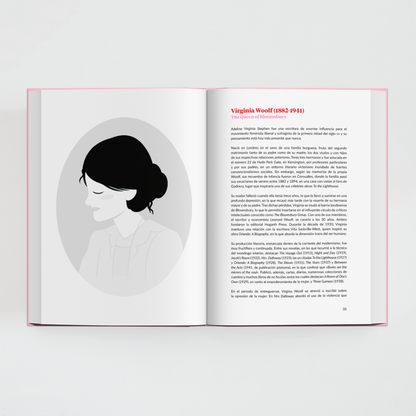 Interior del libro Reinas Unidas de Superbritánico con doble página dedicada a la escritora Virginia Woolf con ilustración y texto.
