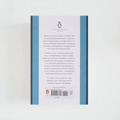 Trasera en tonos azules con sinopsis del libro en inglés Sanditon de Jane Austen de la colección Penguin English Library sobre fondo blanco.
