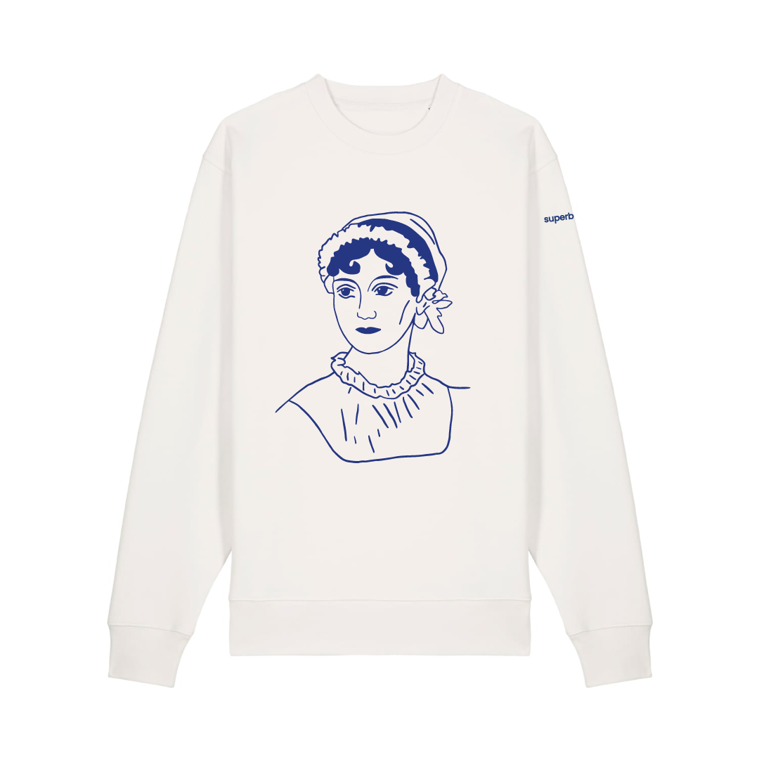 Sudadera color beige con ilustración de Jane Austen, de estilo clásico, bordada en color azul.