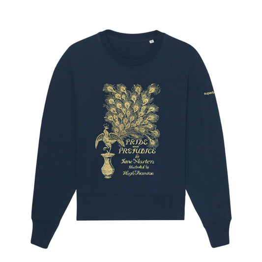 Sudadera color azul marino con bordado en dorado del pavo real de la portada de la primera edición de Pride and Prejudice de Jane Austen.
