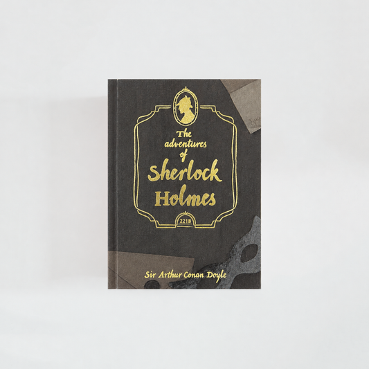 Portada de The Adventures of Sherlock Holmes de Arthur Conan Doyle, edición Wordsworth Collector’s Editions, en negro con detalles dorados y diseño inspirado en 221B Baker Street.