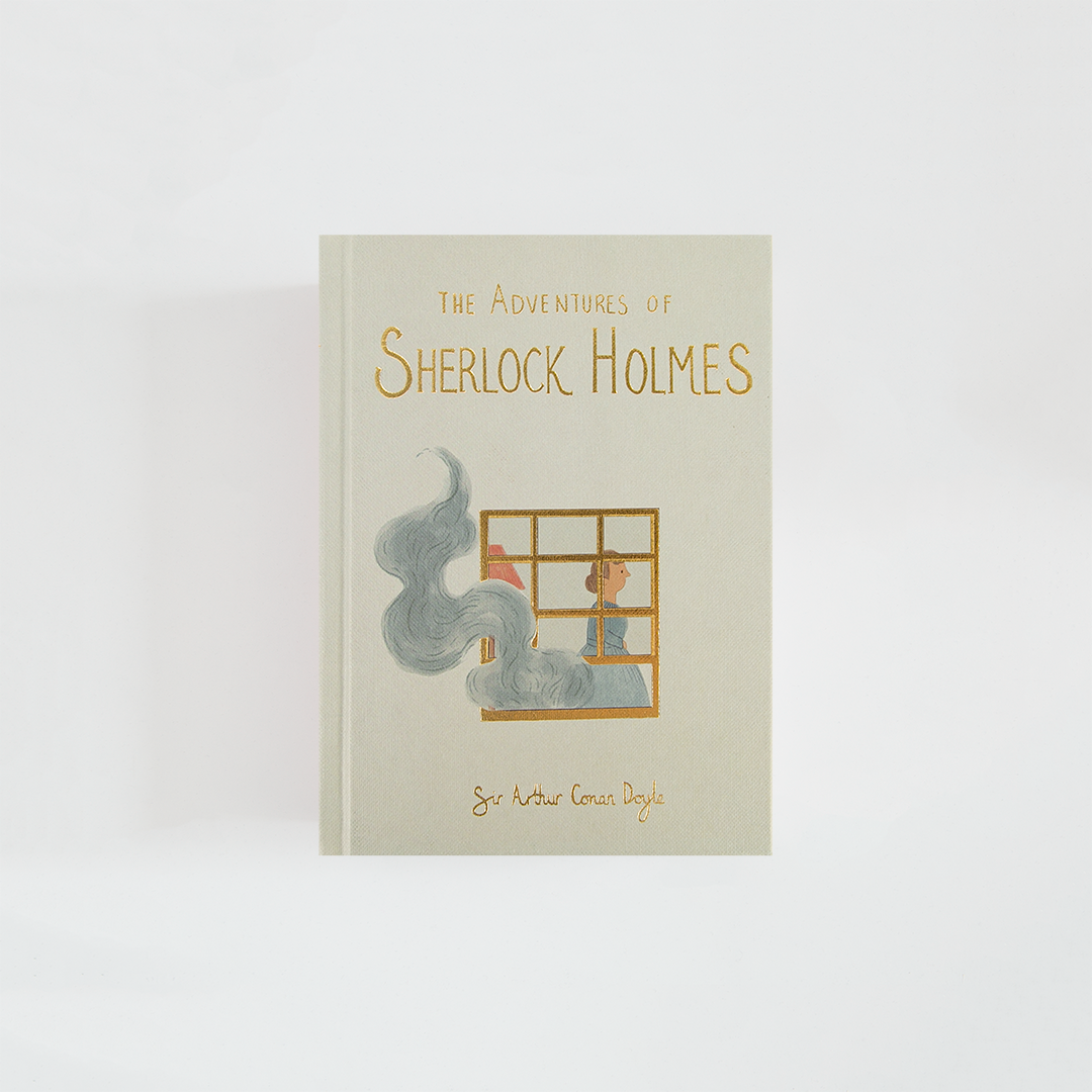 Portada de The Adventures of Sherlock Holmes de Arthur Conan Doyle, edición Wordsworth Collector’s Edition en color crema, con una ventana, una figura en su interior y volutas de humo gris.