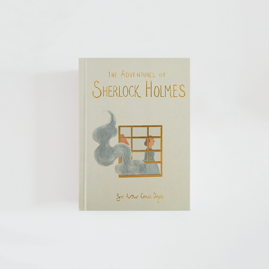 Portada de The Adventures of Sherlock Holmes de Arthur Conan Doyle, edición Wordsworth Collector’s Edition en color crema, con una ventana, una figura en su interior y volutas de humo gris.