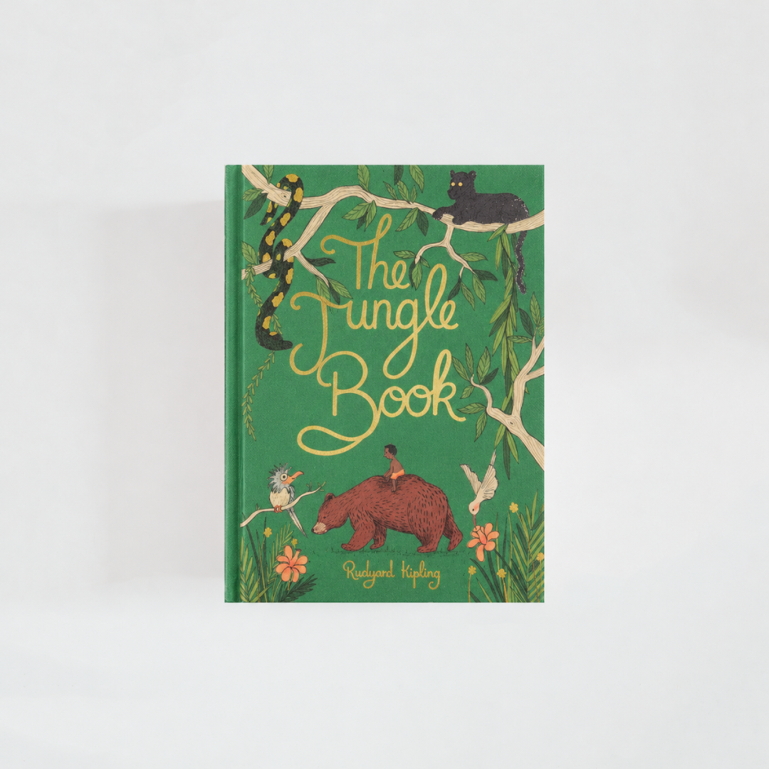 Portada de The Jungle Book de Rudyard Kipling, edición Wordsworth Collector’s Editions, en verde con ilustraciones de animales y vegetación de la selva.