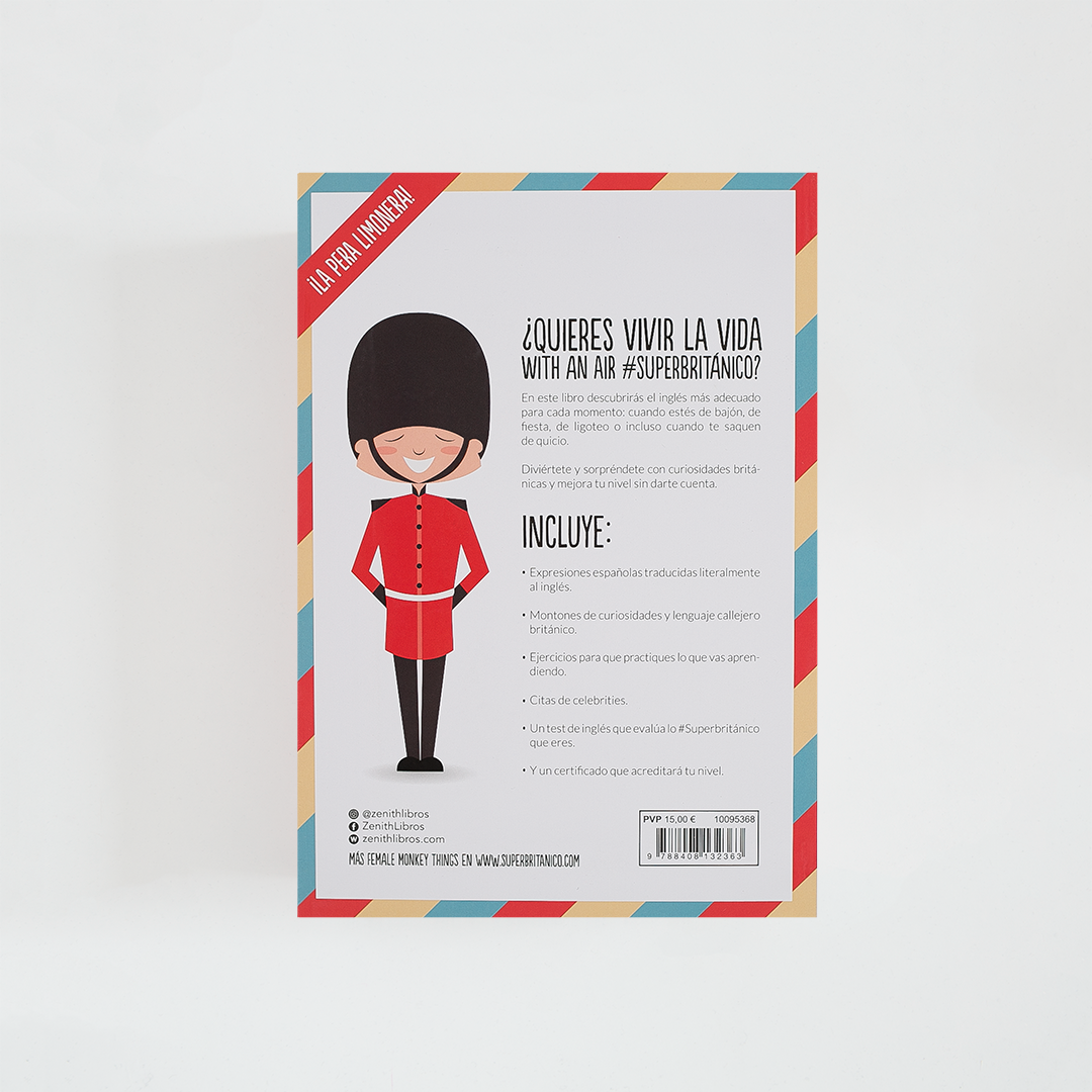 Contraportada del libro The Lemony Pear! con subtítulo Aprende inglés con Superbritánico. El libro es blanco con logo y borde de colores.