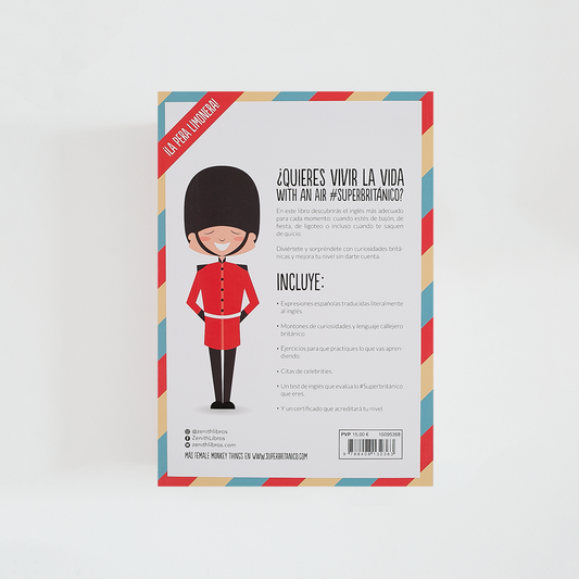 Contraportada del libro The Lemony Pear! con subtítulo Aprende inglés con Superbritánico. El libro es blanco con logo y borde de colores.