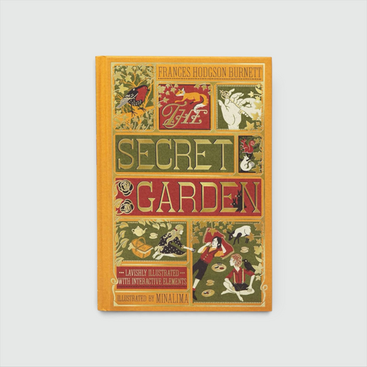 Portada de The Secret Garden de Frances Hodgson Burnett, edición ilustrada por MinaLima en amarillo con escenas del jardín.