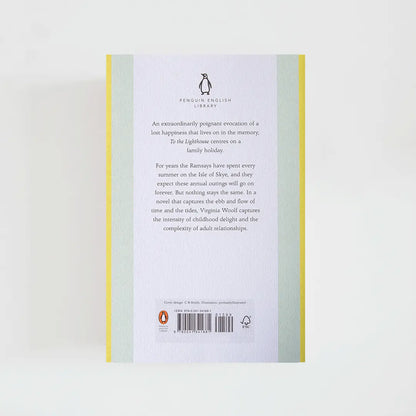 Trasera verde y amarillo con sinopsis del libro en inglés  To the Lighthouse de Virginia Woolf de la colección Penguin English Library sobre fondo blanco.

