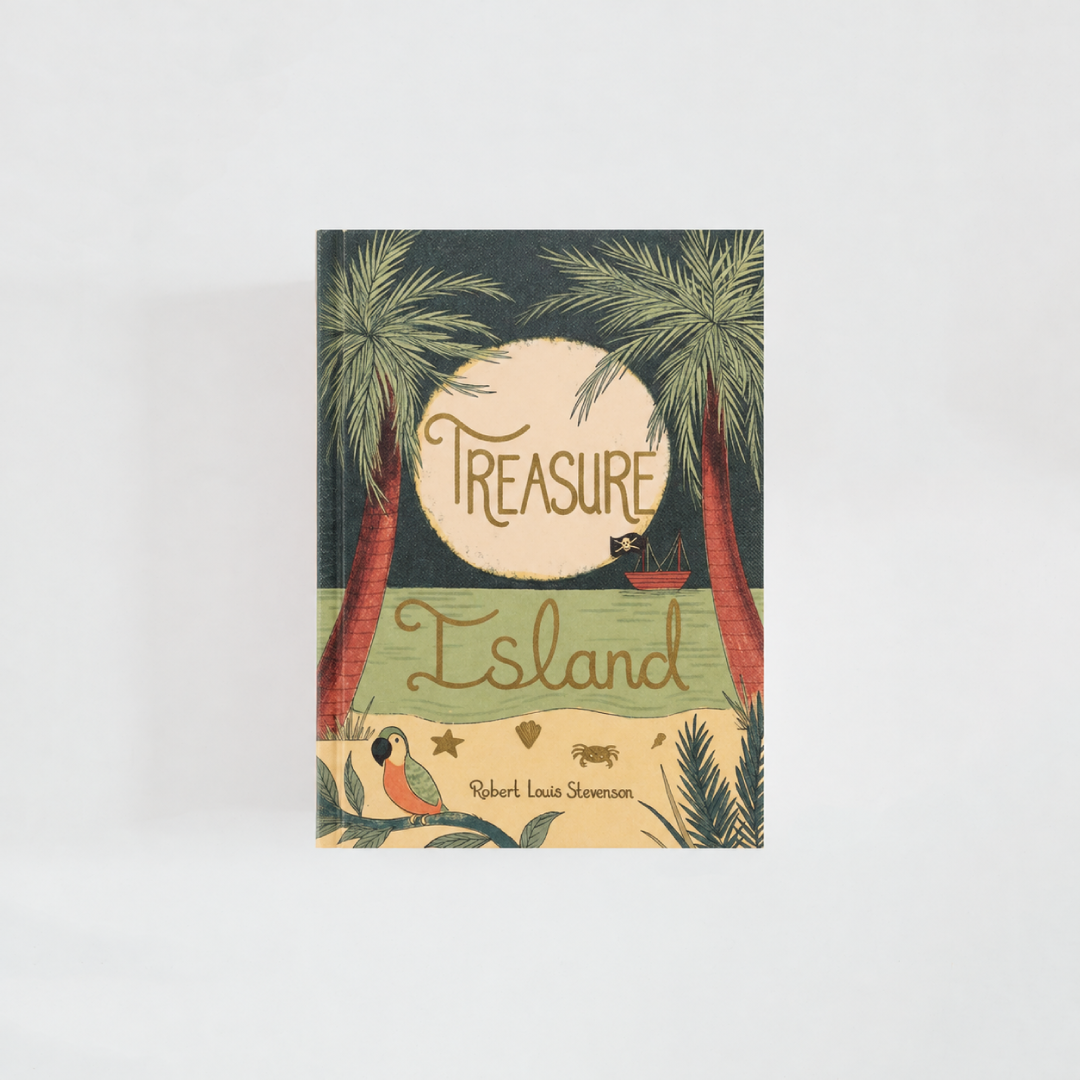 Portada de Treasure Island de Robert Louis Stevenson, edición Wordsworth Collector’s Editions, con palmeras, mar, barco pirata y tonos verde, crema y rojo.