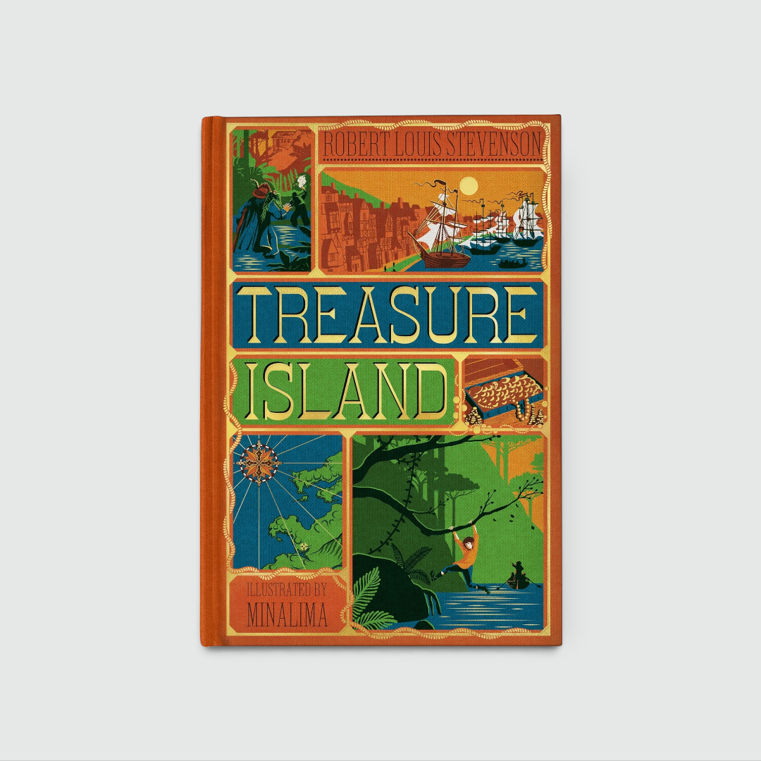 Portada de Treasure Island de Robert Louis Stevenson, edición ilustrada por MinaLima en tonos naranja, verde y azul con barcos, mapa y escenas de aventura.