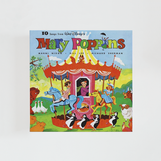 Portada del vinilo 10 Songs from Mary Poppins, con una ilustración de Mary Poppins en un tiovivo acompañada de animales y otros personajes. Incluye una selección de diez canciones de la banda sonora de la película.