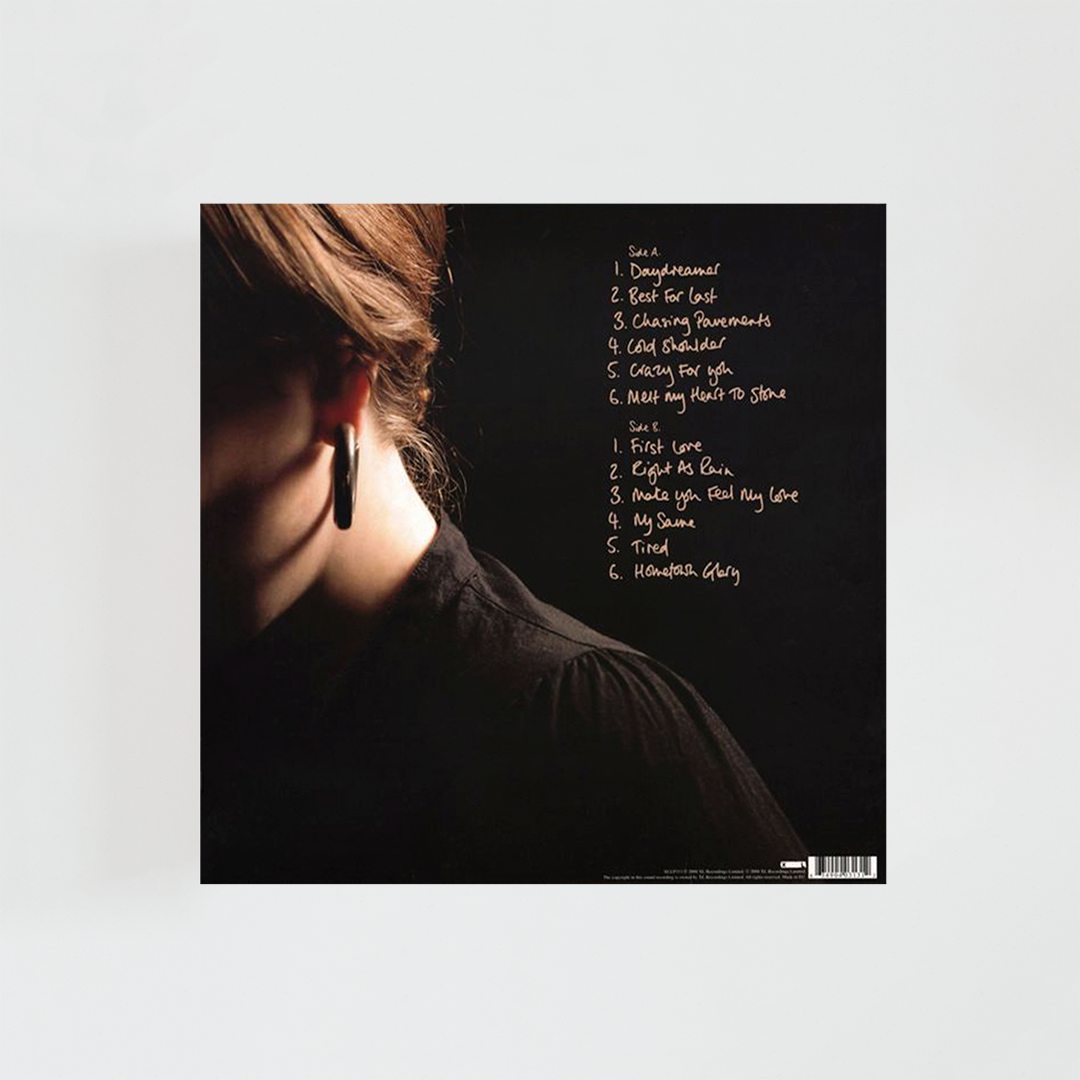 Contraportada del álbum 19 de Adele con el listado de canciones sobre fondo negro y una fotografía oscura de la cantante en la parte inferior.
