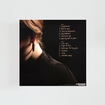 Contraportada del álbum 19 de Adele con el listado de canciones sobre fondo negro y una fotografía oscura de la cantante en la parte inferior.