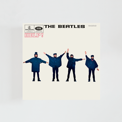 Portada del vinilo Help! de The Beatles, con los cuatro miembros de la banda posando con los brazos extendidos formando señales sobre un fondo azul, álbum clásico de rock británico de 1965.