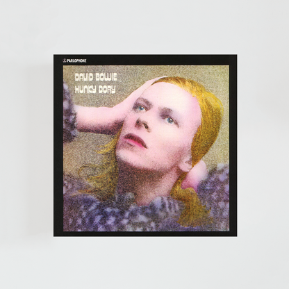 Portada del vinilo Hunky Dory de David Bowie, con el cantante mirando al espectador sobre un fondo beige, álbum clásico de glam rock británico de 1971.