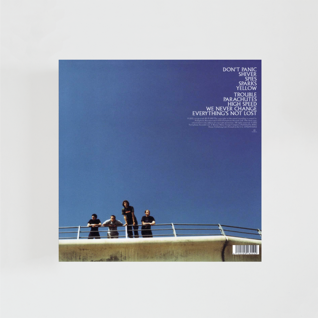 Contraportada del disco Parachutes de Coldplay donde aparece un cielo azul, los componentes de la banda y en la esquina superior derecha la lista de canciones.