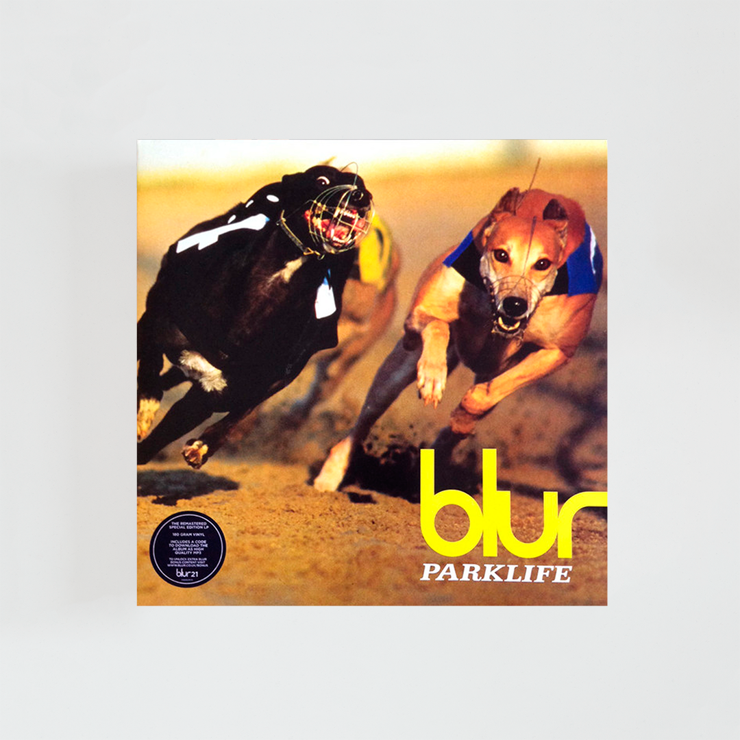 Portada del vinilo Parklife de Blur, con ilustración de un hombre mayor caminando con sombrero en un parque, álbum emblemático de britpop británico de 1994.