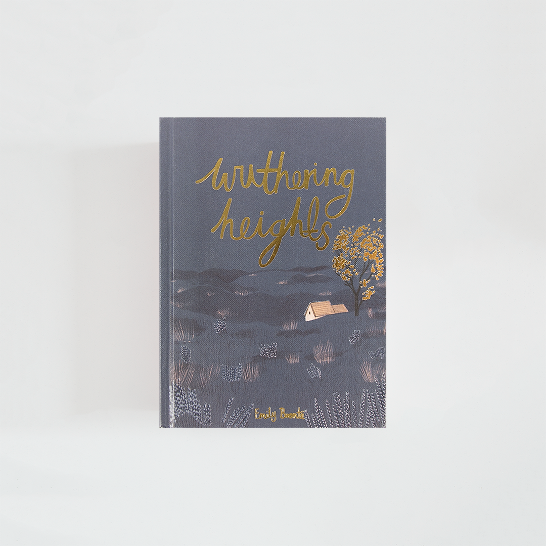 Portada de Wuthering Heights de Emily Brontë, edición Wordsworth Collector’s Edition en azul grisáceo, con un paisaje de páramo, una pequeña casa y un árbol con detalles dorados.