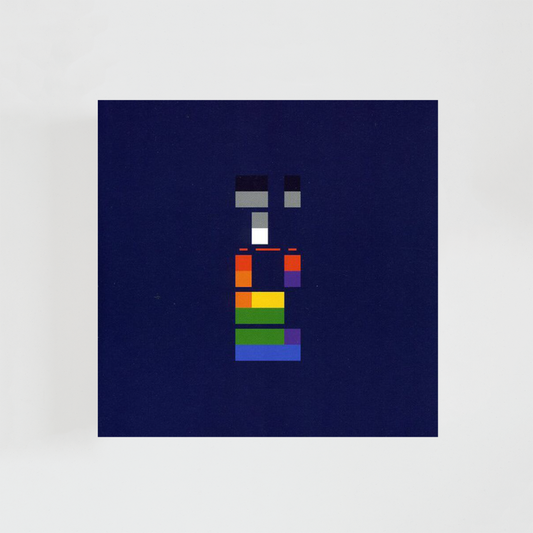Portada del álbum X&Y de Coldplay con fondo azul oscuro y una cuadrícula formada por bloques rectangulares de colores vivos, entre ellos rojo, naranja, amarillo, verde, azul, morado, negro y gris. Los bloques crean un patrón geométrico inspirado en el código Baudot, con un diseño minimalista y ordenado que ocupa casi toda la superficie de la portada. No aparecen fotografías ni ilustraciones, solo la composición abstracta de formas y colores.